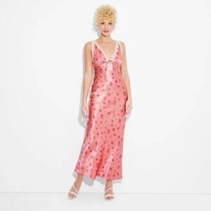 Wild Fable Satin Pink Floral Slip Maxi Dress Romantic Lace Fairycore